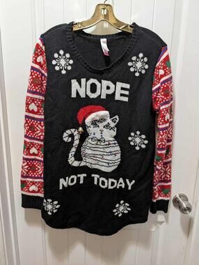 NO BOUNDARIES CHRISTMAS CAT WOMENS SWEATER UGLY CAT SHIRT XL